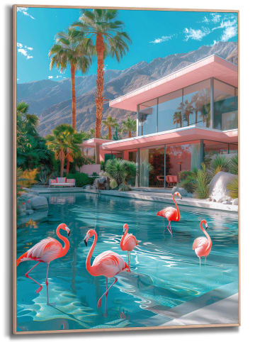 Orangewallz Druk artystyczny "Flamingo Pool Party" w ramce - 50 x 70 cm