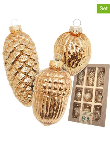 Krebs Glas Lauscha Christbaumornamente "Nüsse & Zapfen" in Gold - 9 Stück