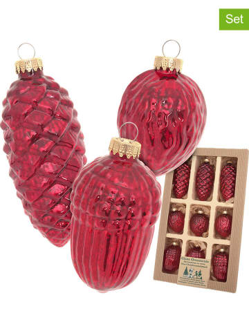 Krebs Glas Lauscha Christbaumornamente "Nüsse & Zapfen" in Rot - 9 Stück