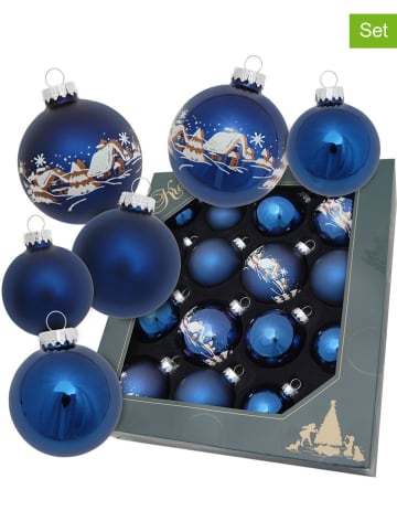 Krebs Glas Lauscha Christbaumkugeln "Verschneites Dorf" in Dunkelblau - 16 Stück