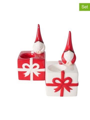 Boltze 2er-Set: Kerzenhalter "Grovy" in Rot/ Weiß - (B)8 x (H)16 x (T)9 cm