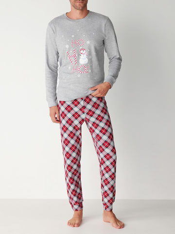 COTONELLA Pyjama in Grau/ Rot