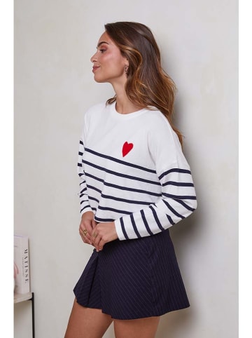 Soft Cashmere Trui wit/donkerblauw