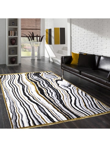 Mioli Laagpolig tapijt zwart/wit/goudkleurig