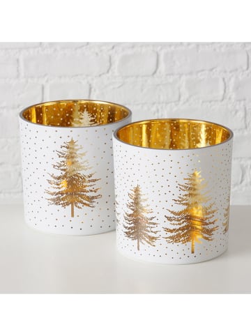 Boltze 2-delige set: windlichten "Platina" wit/goudkleurig - (H)15 x 15,5 cm