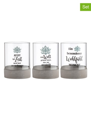 GILDE 3-delige set: windlichten "Lotus" grijs - (H)20 x Ø 15 cm