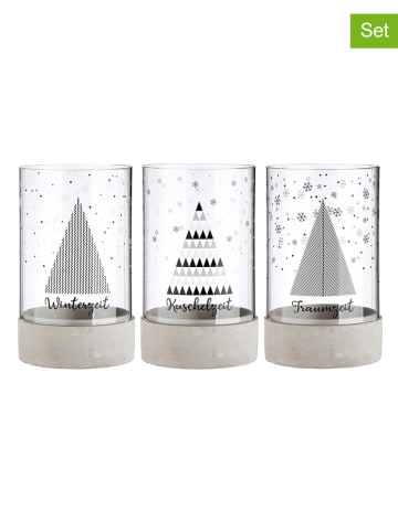 GILDE 3er- Set: Windlichter "Winterzeit" in Grau - (H)25,5 x Ø 14,6 cm