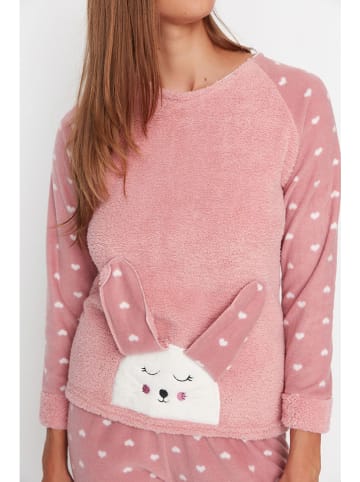 trendyol Fleecepyjama in Rosa/ Weiß