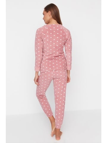 trendyol Fleecepyjama in Rosa/ Weiß