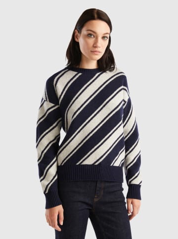 Benetton Woll-Pullover in Dunkelblau/ Weiß