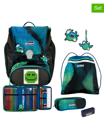 Scout 4tlg. Schulranzen-Set "Alpha Set Movie - Blue Pixel" in Schwarz/ Blau