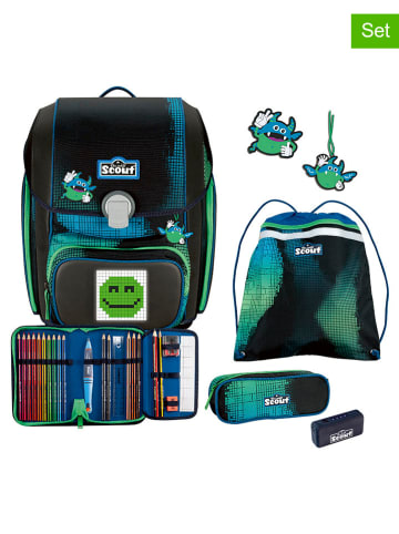 Scout 4-delige schooltasset "Genius Set Movie - Blue Pixel" zwart/groen