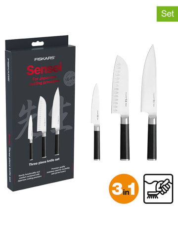 Fiskars 3er-Set: Küchenmesser ''Sensei'' in Schwarz/ Silber