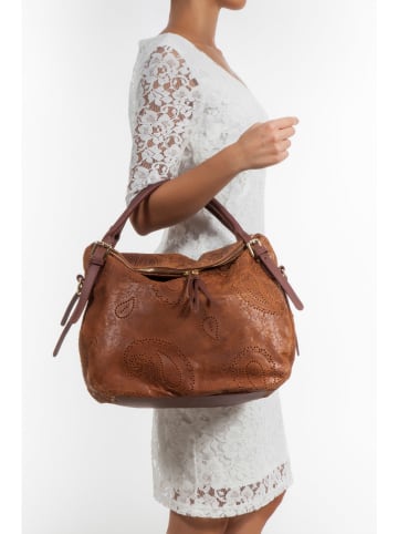 Lucca Baldi Leder-Schultertasche "Cortona" in Hellbraun - (B)40 x (H)36 x (T)16 cm