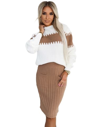 numoco Kleid in Hellbraun/ Weiß