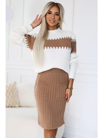 numoco Kleid in Hellbraun/ Weiß