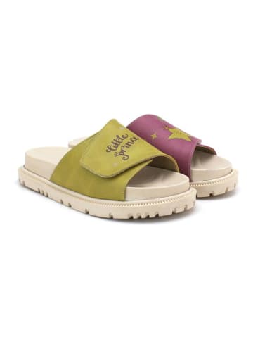 Goby Leder-Pantoletten in Beige/ Grün/ Lila
