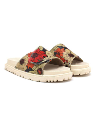 Goby Leder-Pantoletten in Beige/ Schwarz/ Rot