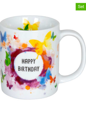 Könitz 2er-Set: Kaffeetassen "Happy Birthday" in Weiß/ Bunt - 300 ml