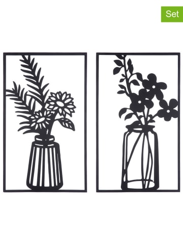 GILDE 2-delige set: wandreliëfs "Bloemendecoratie" zwart - (B)30 x (H)50 cm