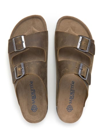 SABOKETS Leren slippers kaki