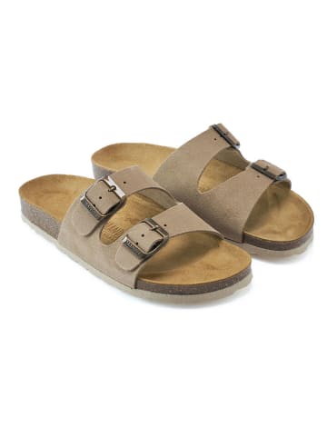 Mandel Leder-Pantoletten in Taupe