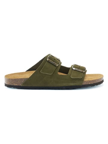 Mandel Leder-Pantoletten  in Khaki