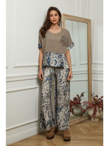 Plume Linnen blouse "Joker" taupe/blauw