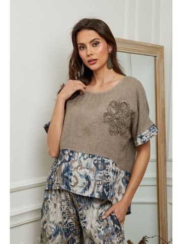 Plume Linnen blouse "Joker" taupe/blauw