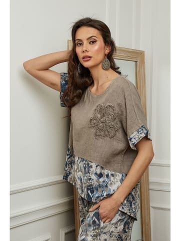Plume Linnen blouse "Joker" taupe/blauw