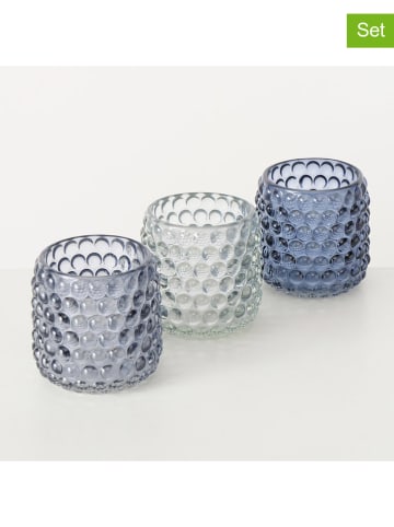 Boltze 3-delige set: windlichten "Bobla" transparant/blauw - (H)8,5 x Ø 8,3 cm