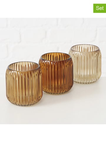 Boltze 3er-Set: Windlichter "Remsa" in Beige/ Hellbraun - (H)8,5 x Ø 8 cm
