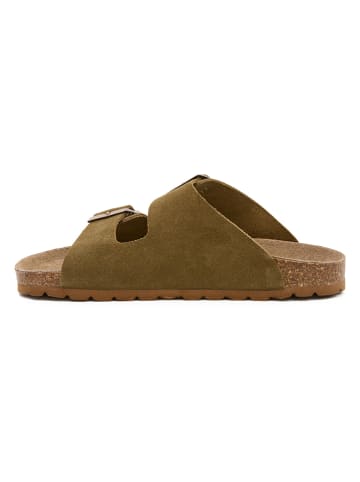 billowy Leder-Pantoletten in Khaki