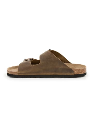 billowy Leder-Pantoletten in Khaki