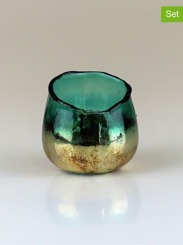 AM Design 2er-Set: Windlichter in Grün/ Gold - (H)8 x Ø 8 cm