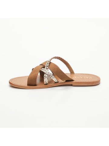 CALANK Leder-Pantoletten in Gold/ Hellbraun