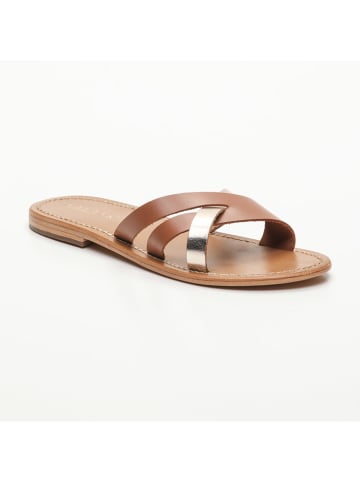 CALANK Leder-Pantoletten in Hellbraun/ Gold