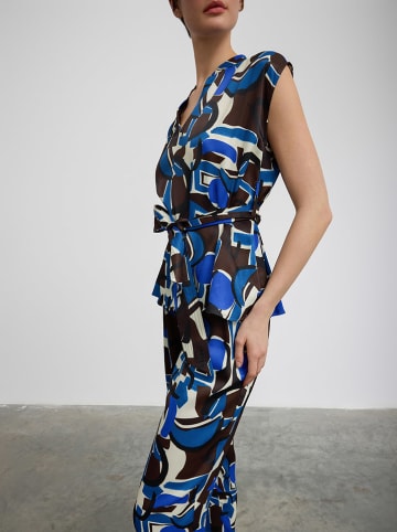 BGN Blousetop blauw/crème/bruin