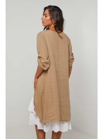 Le Monde du Lin Leinen-Kleid in Beige/ Weiß