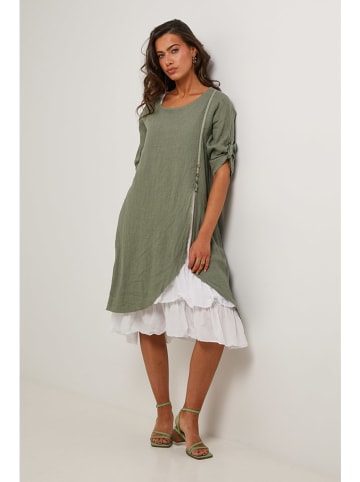 Le Monde du Lin Leinen-Kleid in Khaki/ Weiß