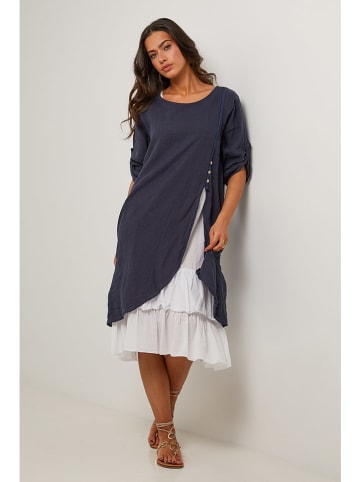 Le Monde du Lin Leinen-Kleid in Dunkelblau/ Weiß