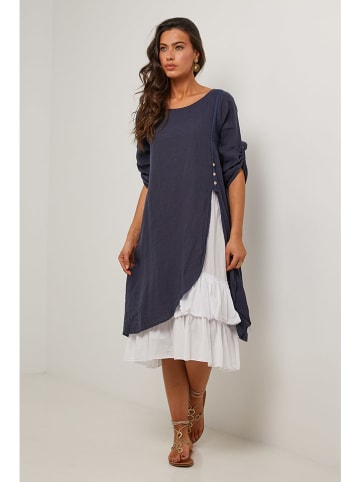Le Monde du Lin Leinen-Kleid in Dunkelblau/ Weiß