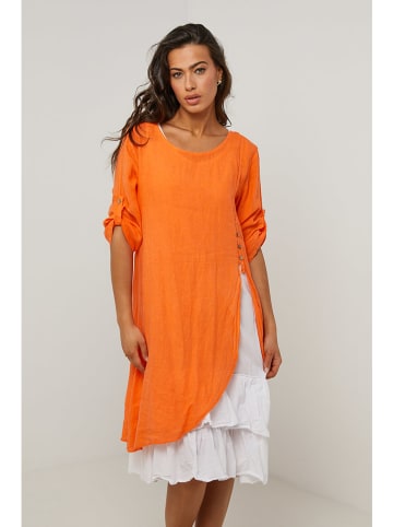 Le Monde du Lin Leinen-Kleid in Orange/ Weiß