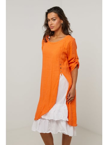 Le Monde du Lin Leinen-Kleid in Orange/ Weiß