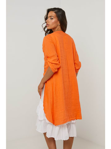 Le Monde du Lin Leinen-Kleid in Orange/ Weiß