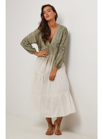 Le Monde du Lin Kleid in Grün/ Weiß
