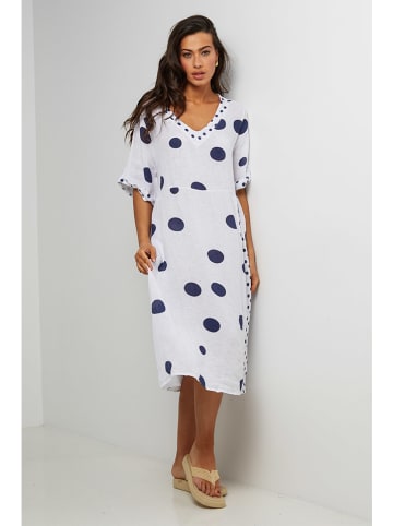 Le Monde du Lin Leinen-Kleid in Weiß/ Dunkelblau