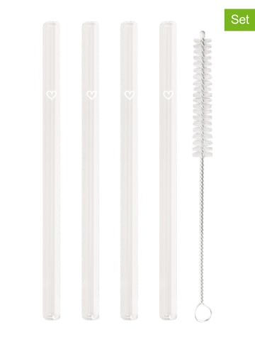 Eulenschnitt 4er-Set: Trinkhalme mit Bürste in Weiß - (L)13 cm