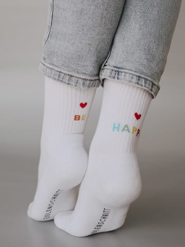 Eulenschnitt Socken "Be happy" in Weiß