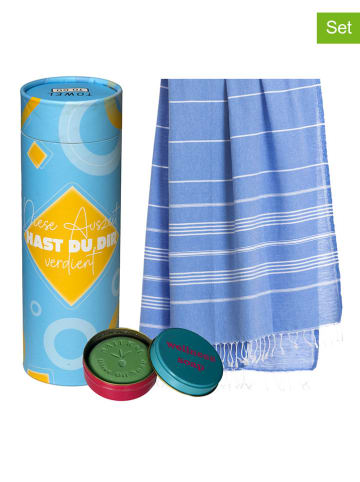 Towel to Go 2tlg. Set: "Wellness & Spa" in Blau/ Weiß - (L)180 x (B)100 cm